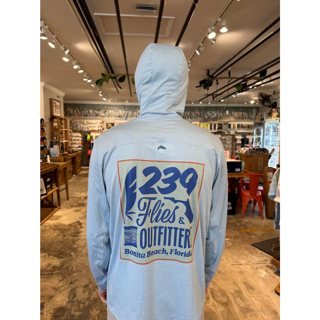 Simms SolarFlex Hoody back view with 239 Flies graphic, steel blue heather UPF 50+ fishing shirt