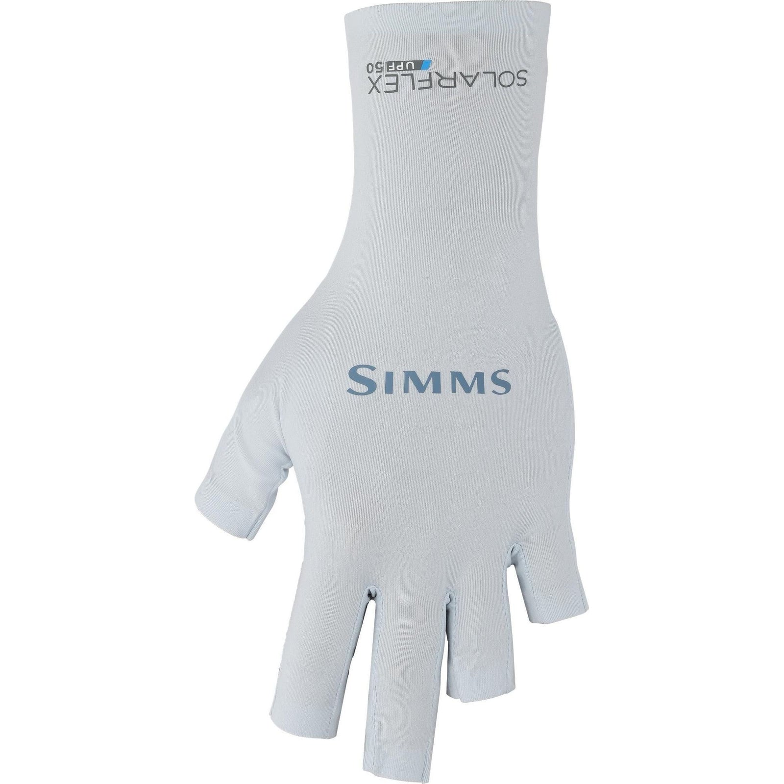 Simms SolarFlex Bimini Blue half-finger sun glove with UPF 50+ protection and extended wrist cuff