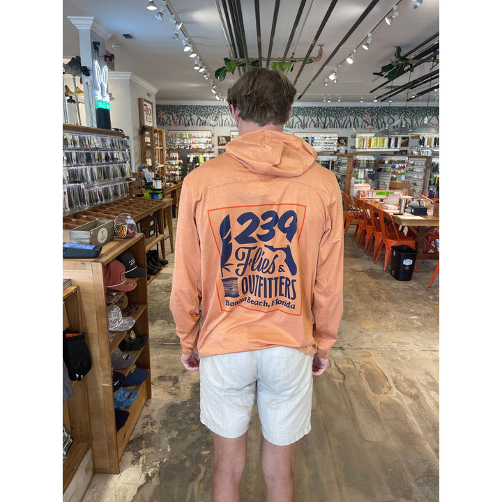 Simms Solarflex Hoody back view with 239 Flies &amp; Outfitters navy graphic print