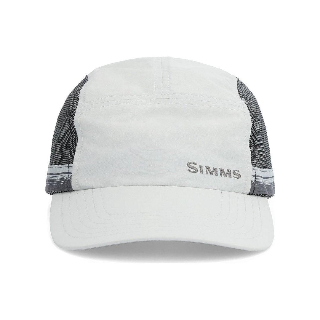Simms Superlight Flats Cap Sterling front view with embroidered logo and long bill for glare reduction