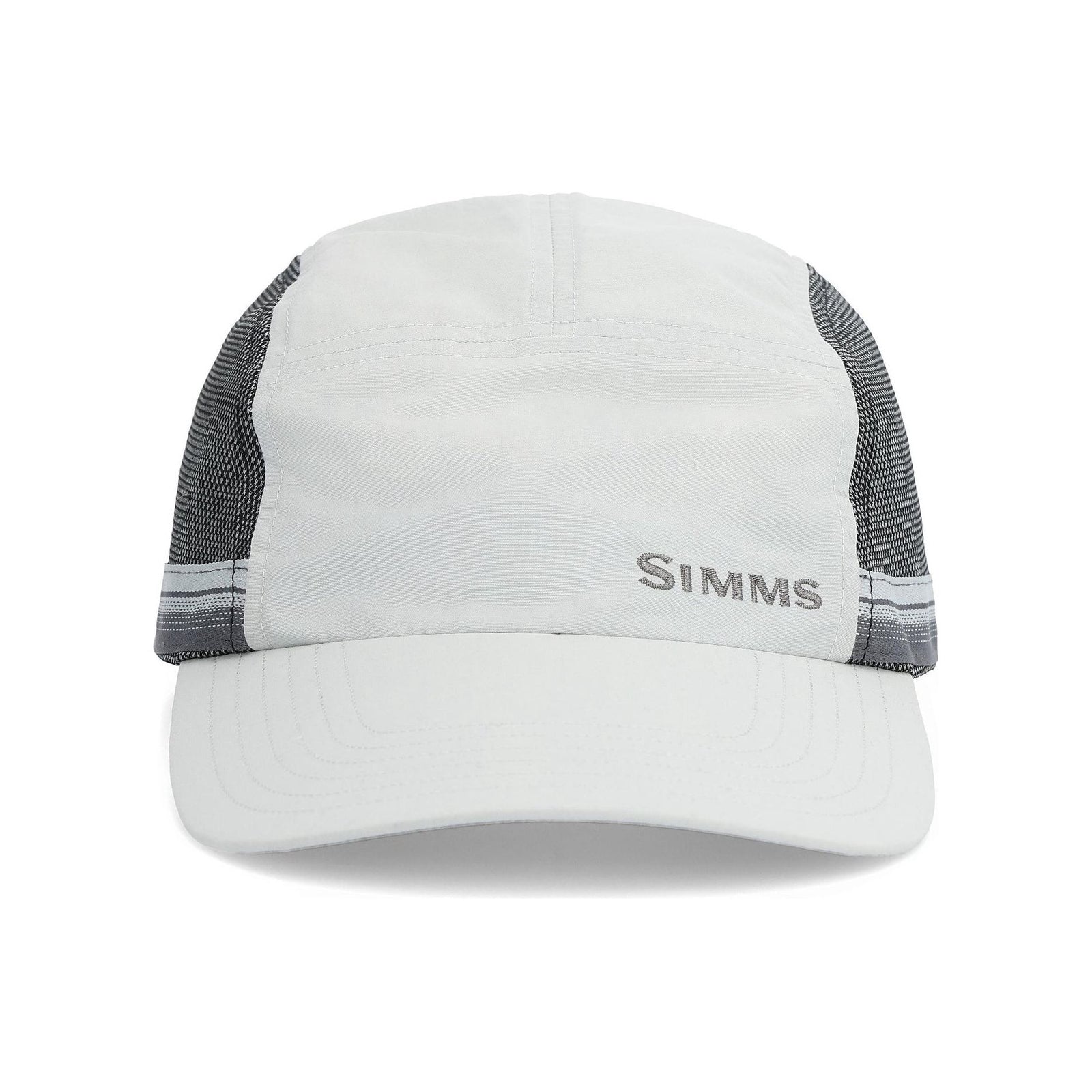 Simms Superlight Flats Cap Sterling front view with embroidered logo and long bill for glare reduction