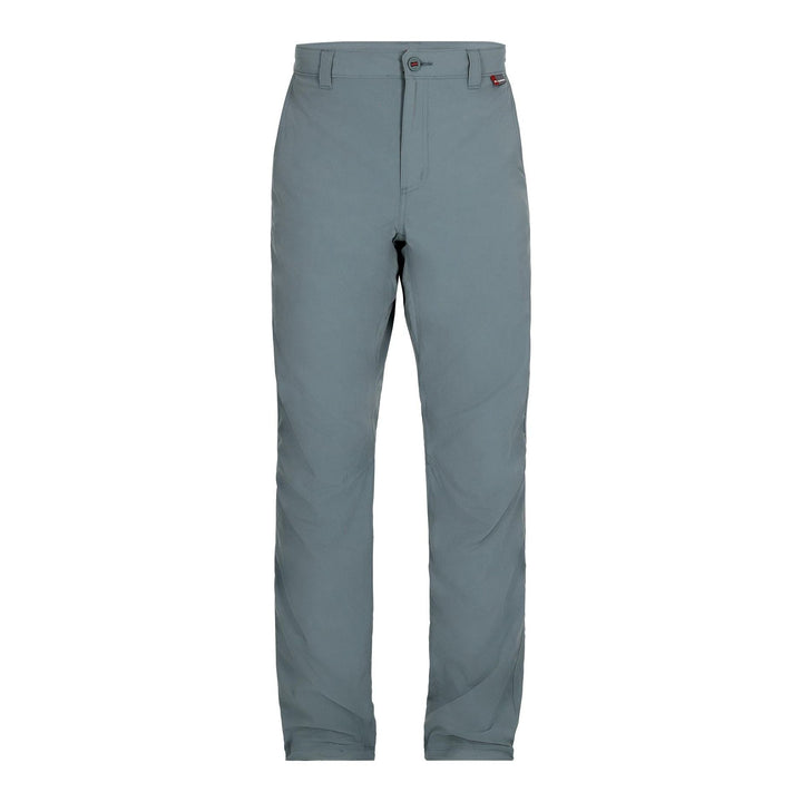 Flat lay of grey Simms Superlight fishing pants with button closure and belt loops