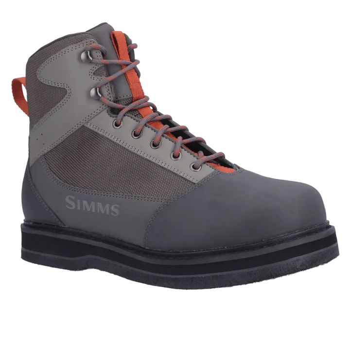 Simms Tributary Boot side profile showing synthetic leather, mesh, and neoprene lining