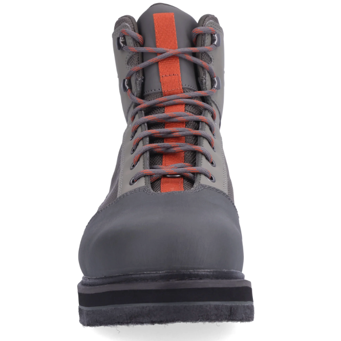 Simms Tributary Boot Felt Basalt front view with orange tongue strip and silver hardware