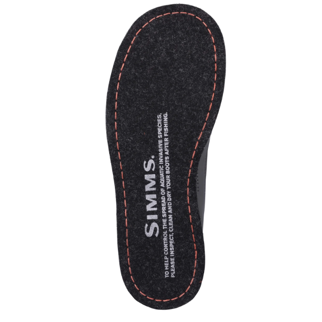 Simms Tributary Boot felt outsole bottom view with invasive species care instructions