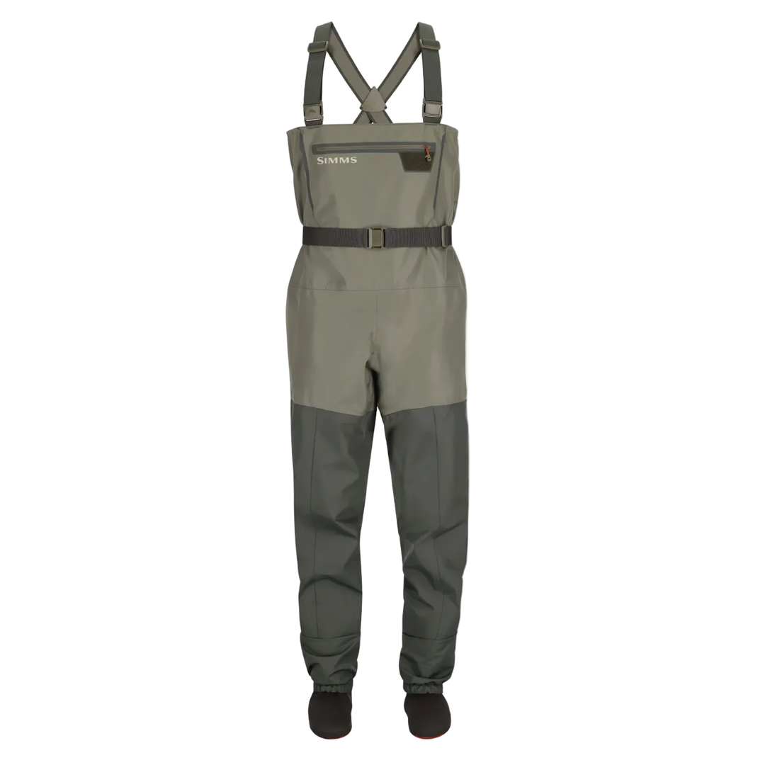 Front view of Simms Tributary two-tone waders with chest pocket