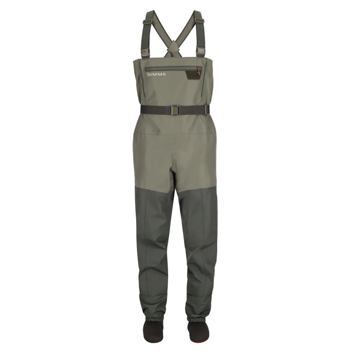 Front view of Simms Tributary two-tone waders with chest pocket
