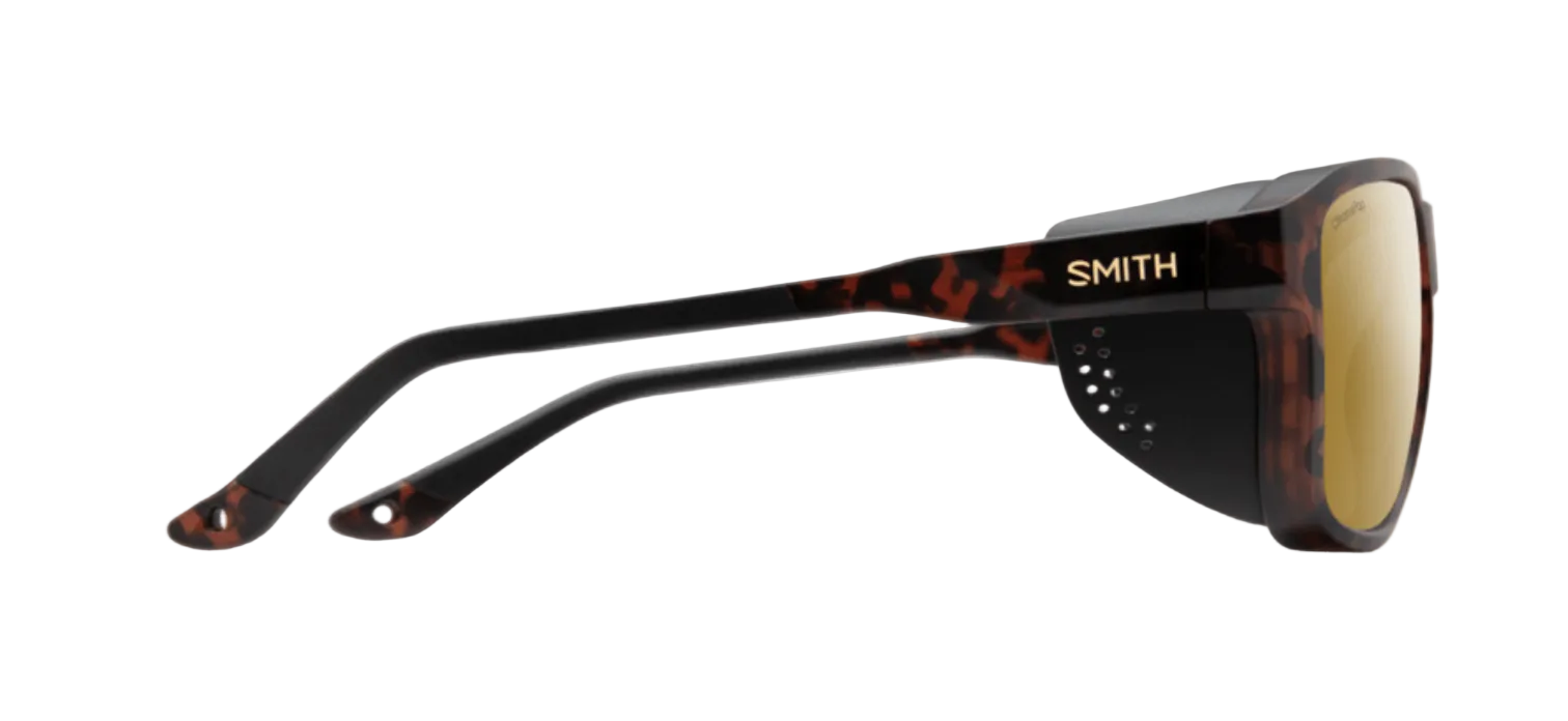 Side view of Smith Embark sunglasses showing gold logo and ventilation details