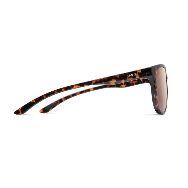 Smith Lake Shasta tortoise shell sunglasses side view with rose gold mirror lenses