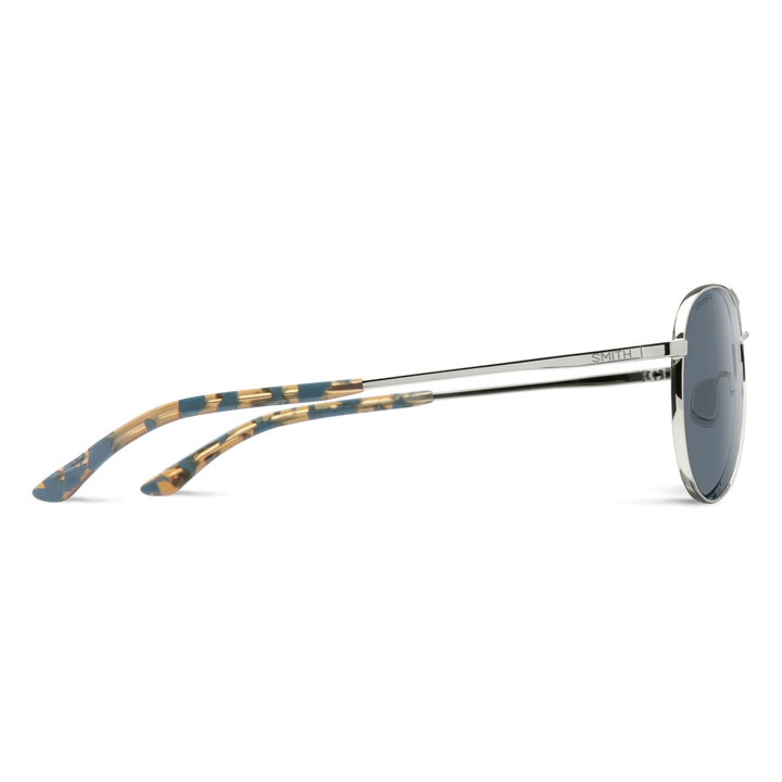 Close-up of Smith Langley 2 tortoise shell temple tips and metal frame