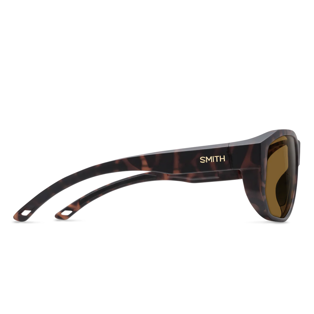Smith Outrigger matte tortoise sunglasses side view with ChromaPop brown polarized lenses