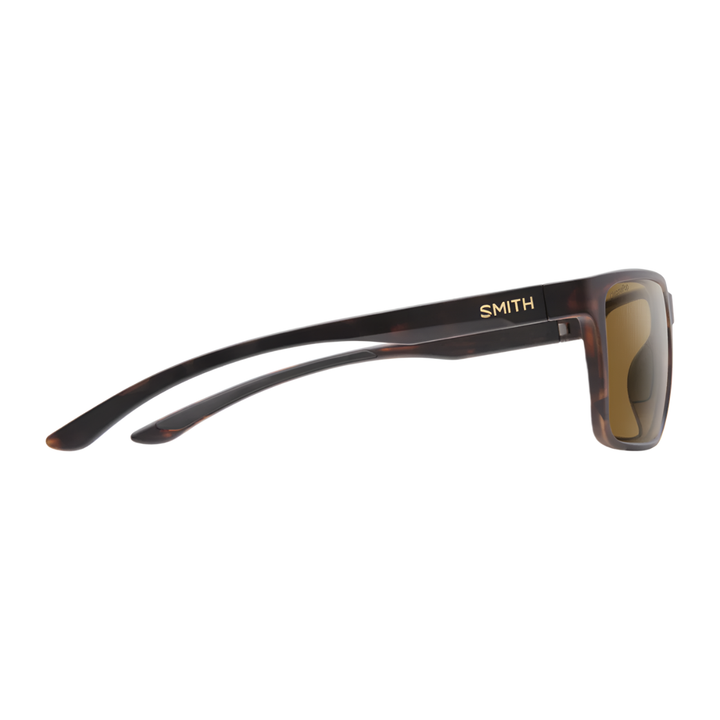 Smith Riptide matte tortoise sunglasses side view with gold temple branding
