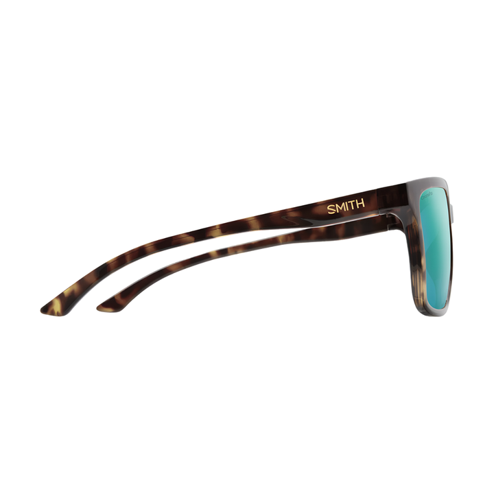 Side view of Smith Shoutout tortoise acetate frame and gold logo temple