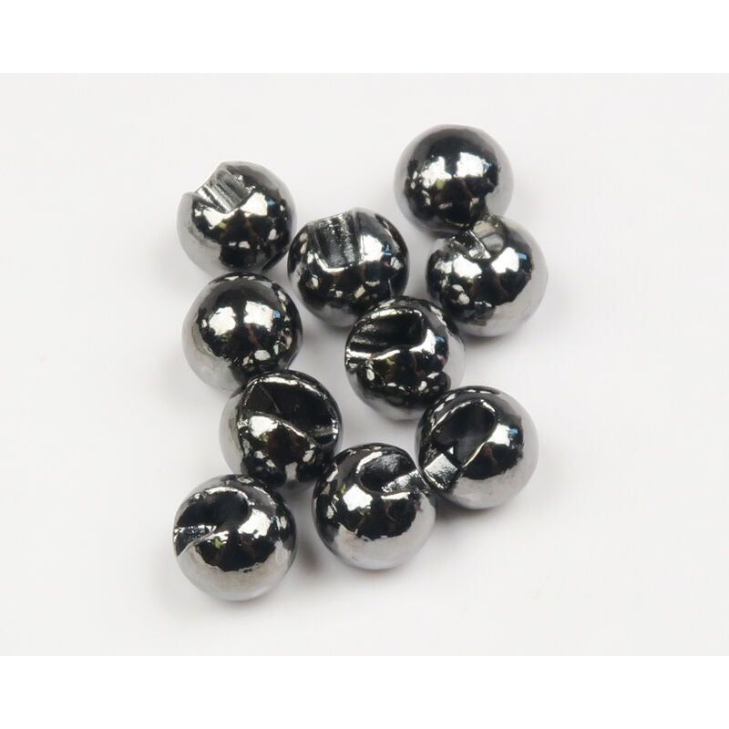 Shiny metallic silver slotted tungsten beads close-up