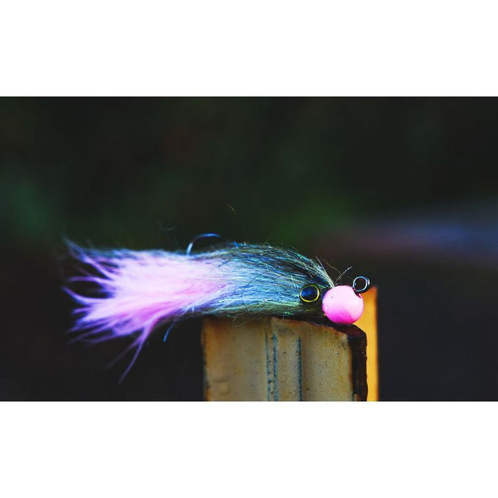 Spawn Super Tungsten Slotted Beads fly lure with pink bead head and blue-green body