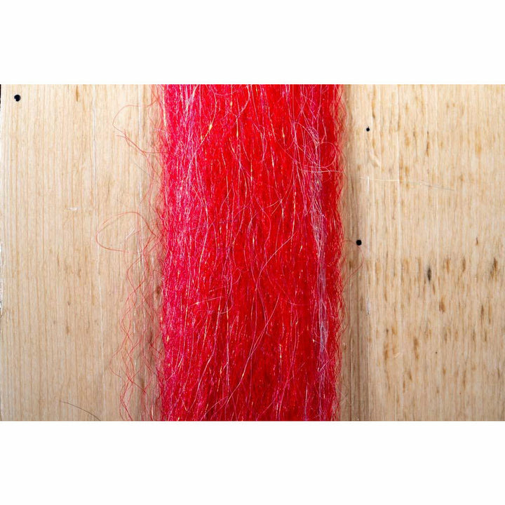 Bright red synthetic fly tying material interspersed with vertical silver flash