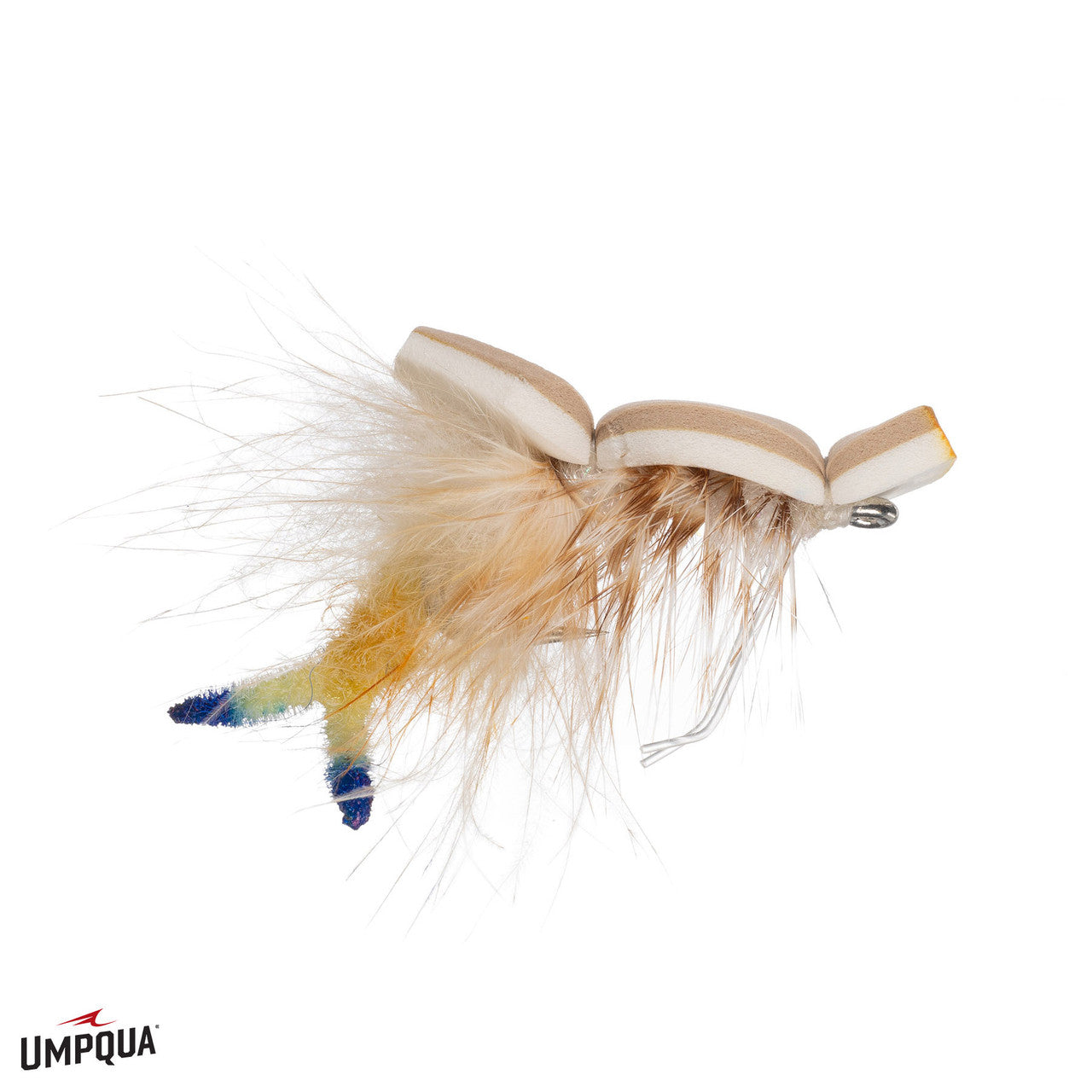 Tan Umpqua Strong Arm Floating Crab fly featuring yellow legs with blue tips