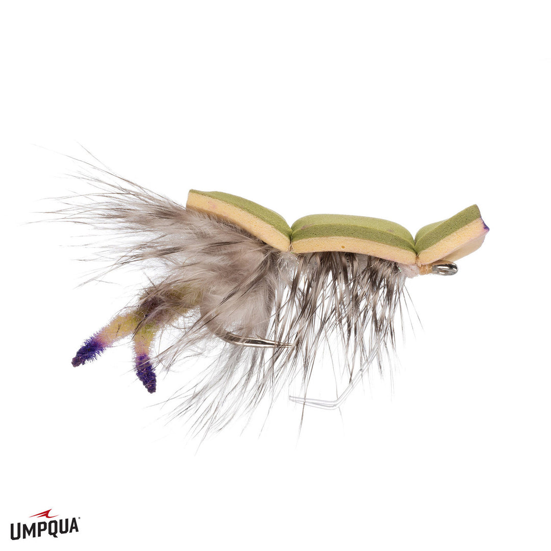 Olive green Umpqua Strong Arm Floating Crab fly with yellow and purple gradient legs