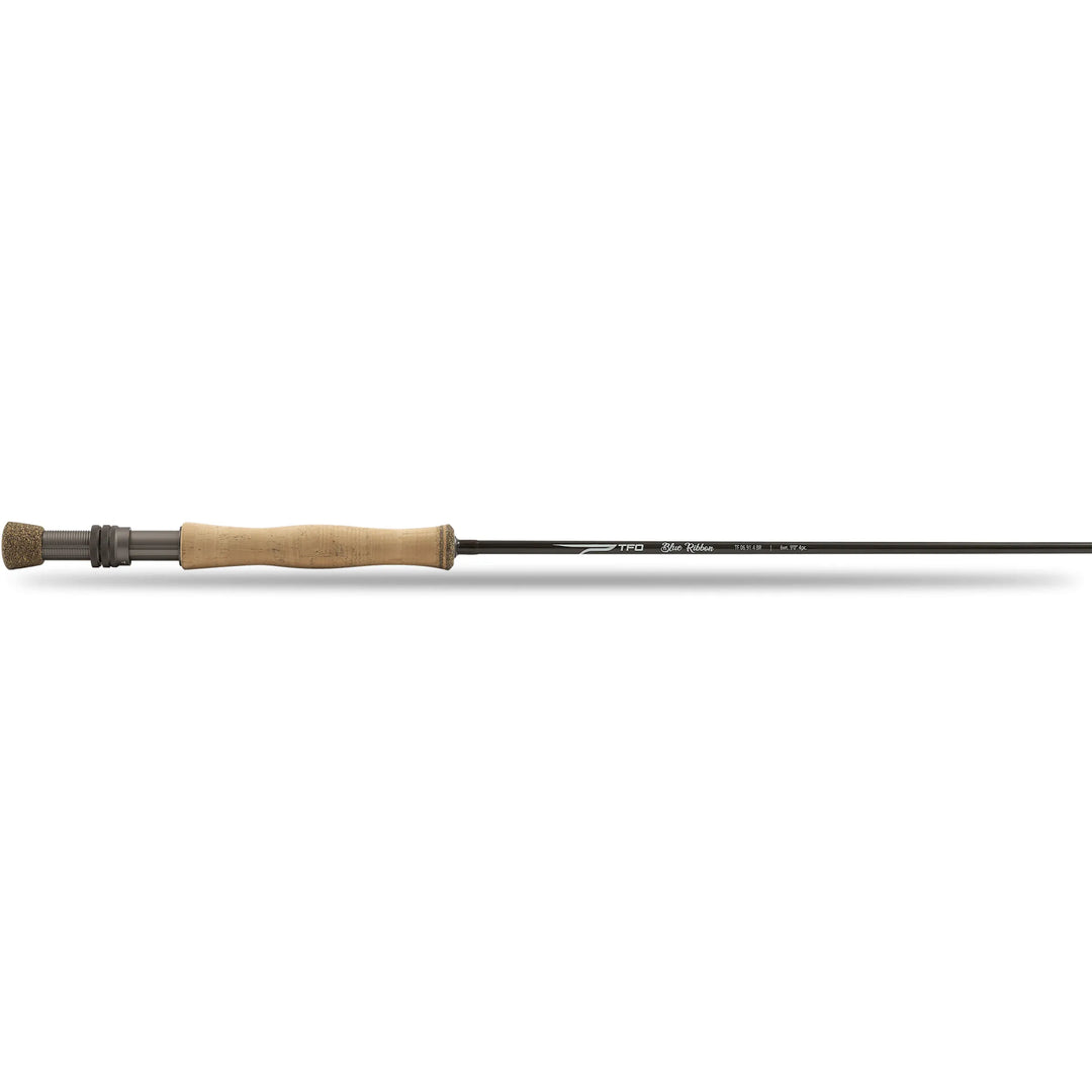Assembled TFO Blue Ribbon 6wt 10ft matte black fly rod with cork foregrip