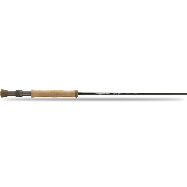Assembled TFO Blue Ribbon 6wt 10ft matte black fly rod with cork foregrip