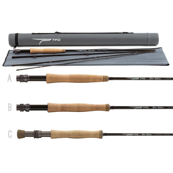 TFO Blue Ribbon fly rod kit with grey tube, microfiber sock, and cork handle options