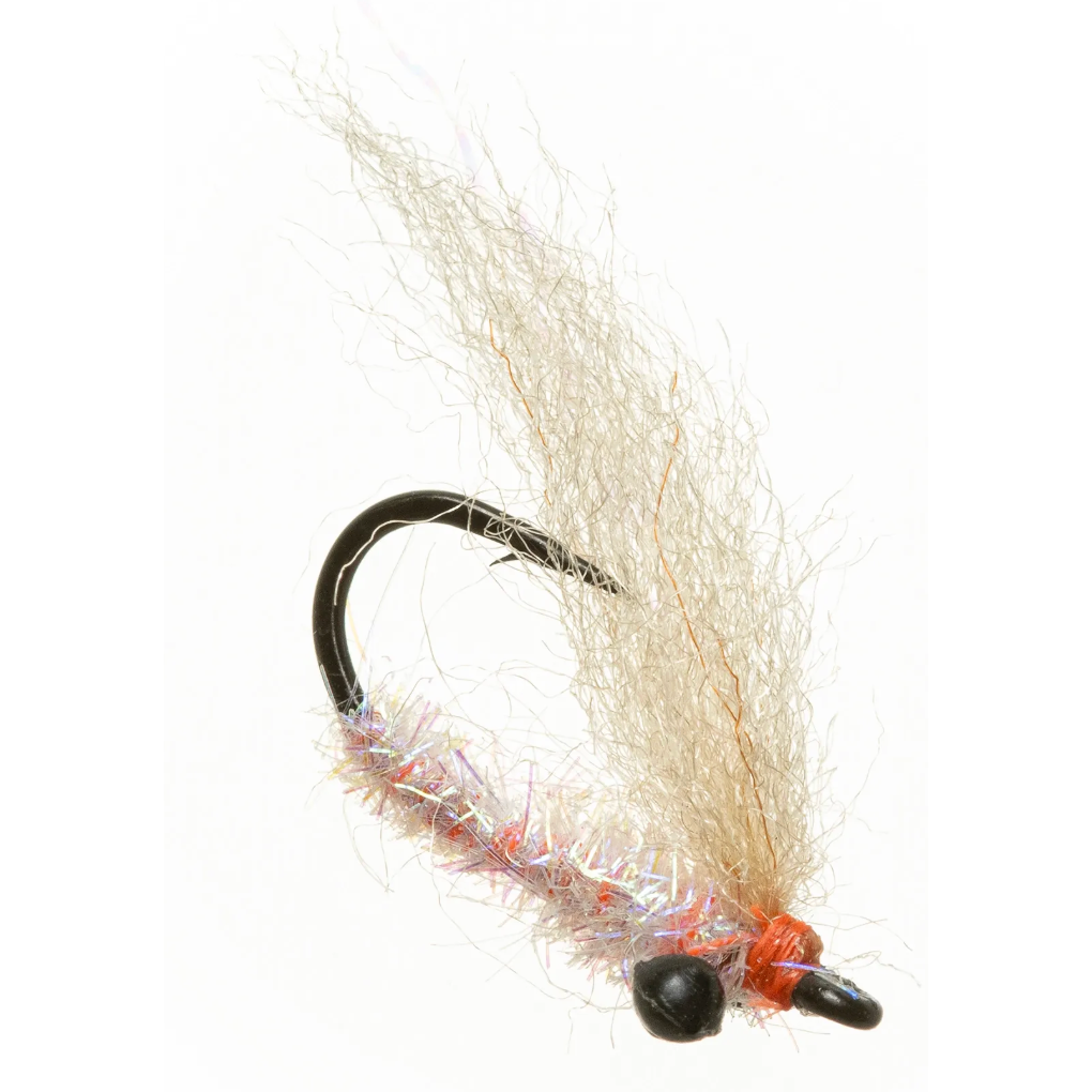 Pearl and tan micro shrimp fly with black bead head for bonefish