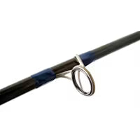 Close-up of silver guide ring and blue thread wrap on Zone fly rod