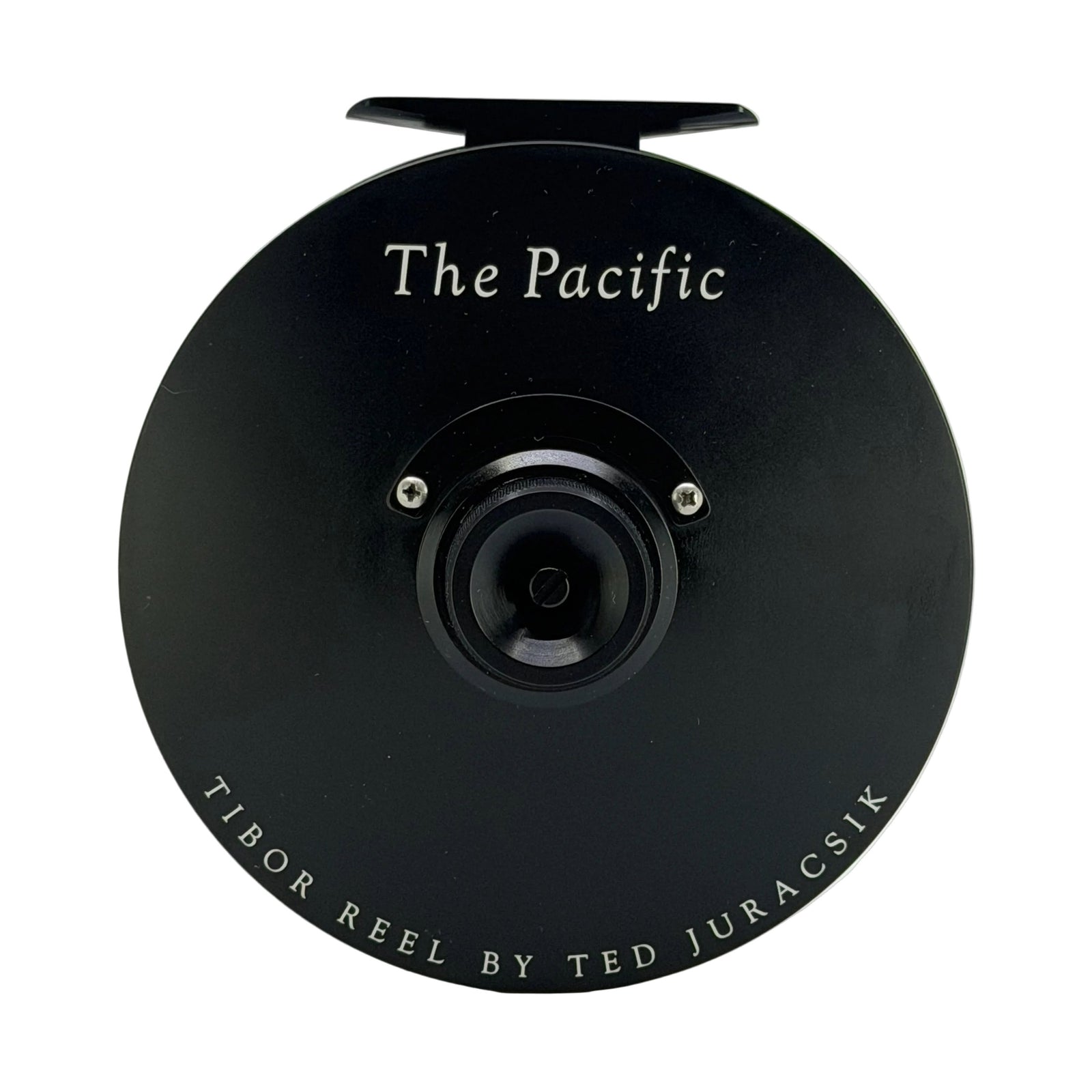 Tibor Pacific Frost Black fly reel top view with white lettering