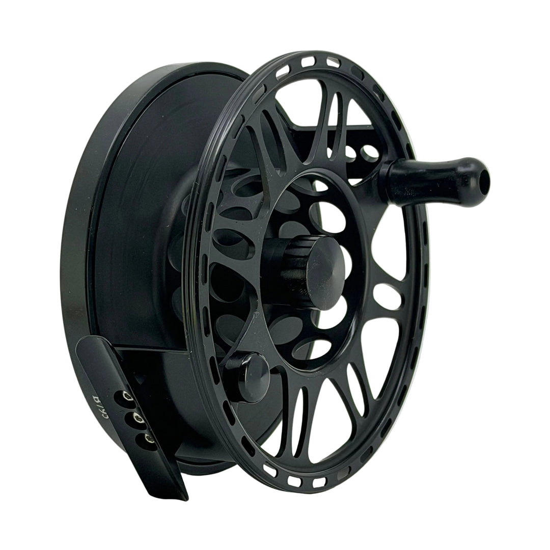 Tibor Pacific matte black fly reel side profile large arbor spool