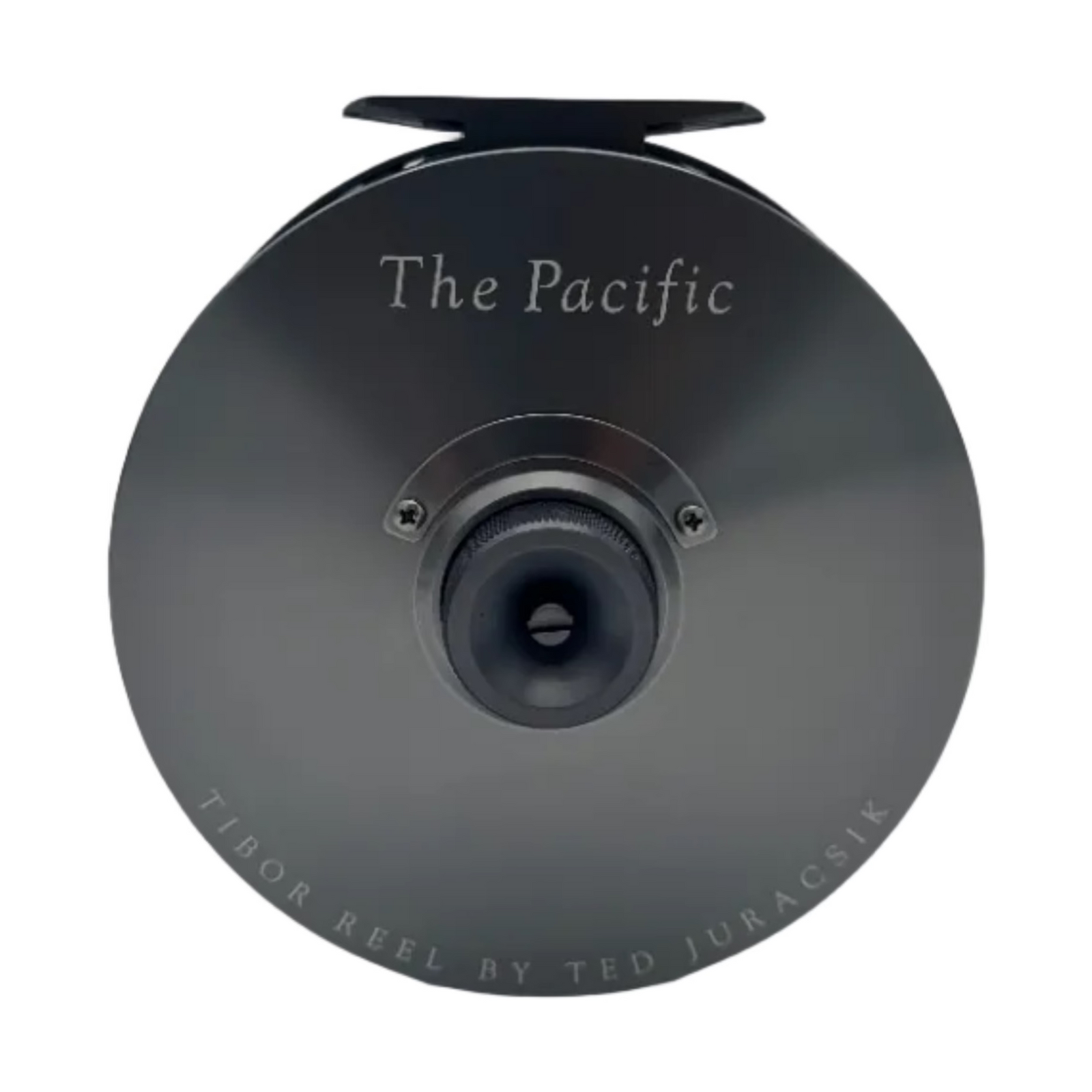 Tibor Pacific graphite fly reel side plate detail with engraved logo and drag knob