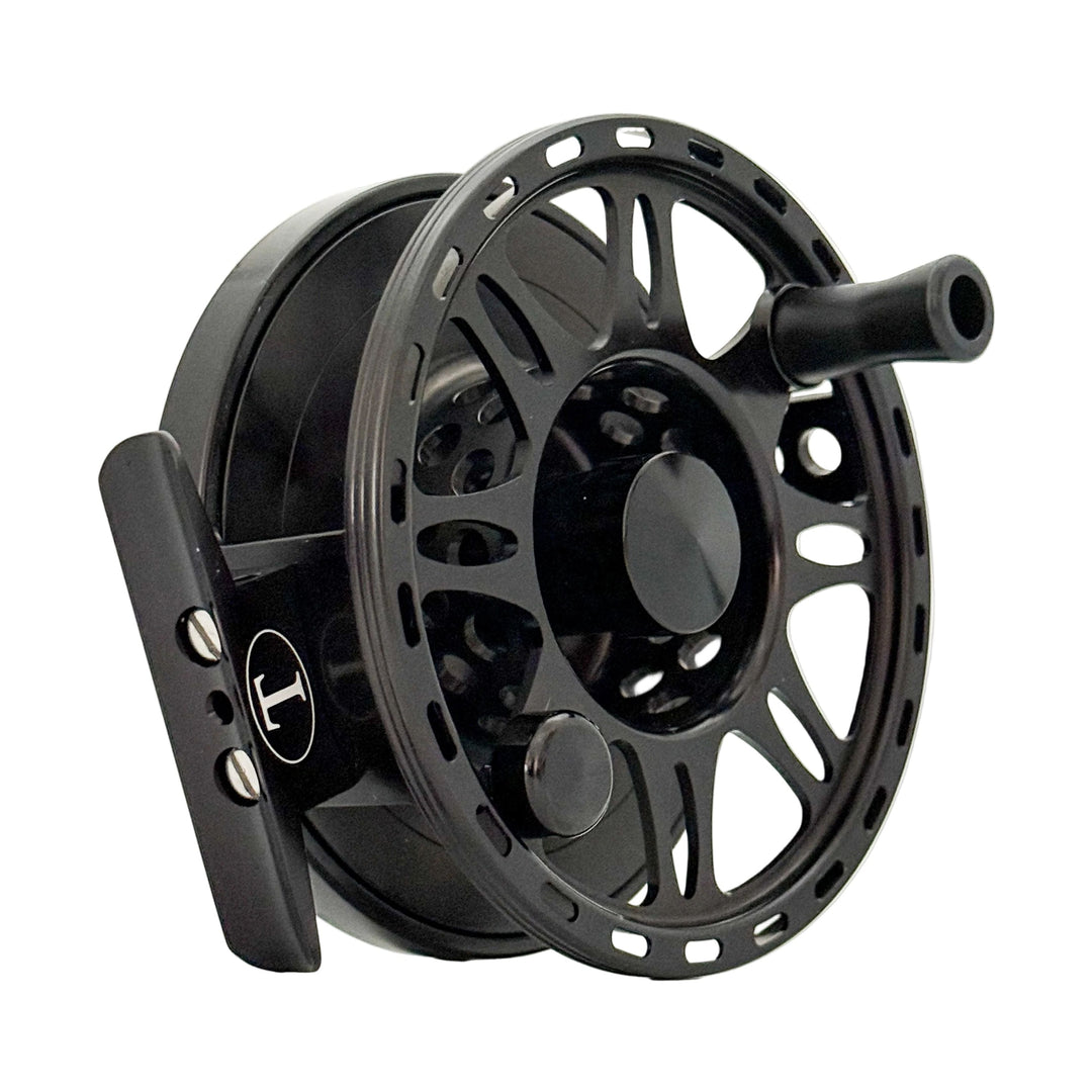 Tibor Riptide Frost Black fly fishing reel with large arbor spool and cutout design