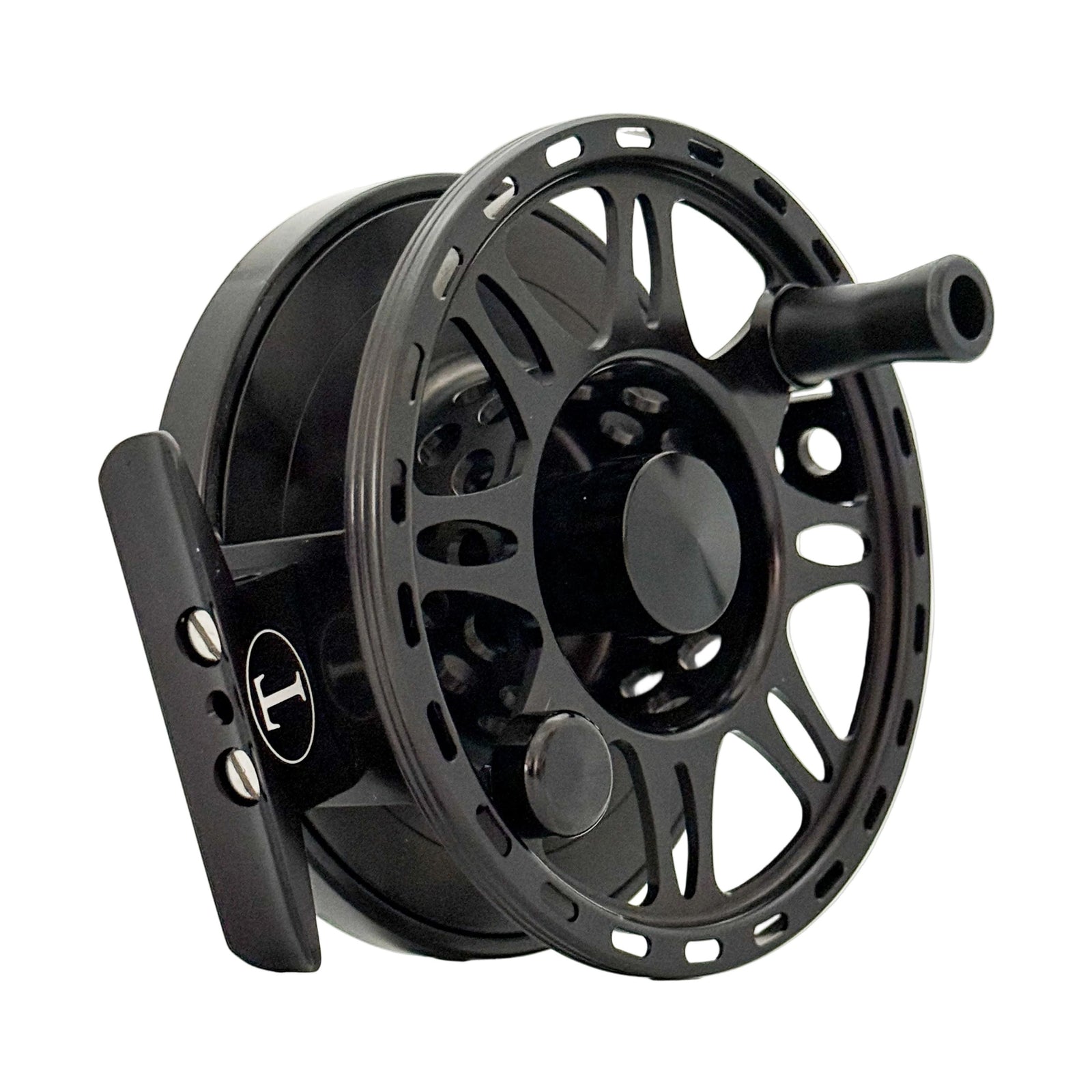 Tibor Riptide Frost Black fly fishing reel with large arbor spool and cutout design