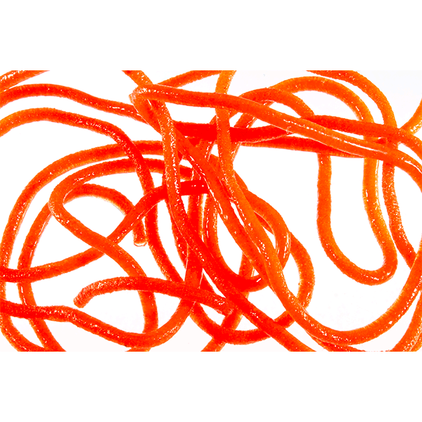 Orange-red glossy fly tying material strands