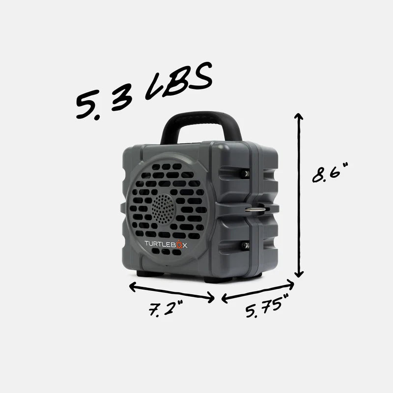 Gray Turtle Box Cub speaker dimensions and weight specs with metal latches and side profile