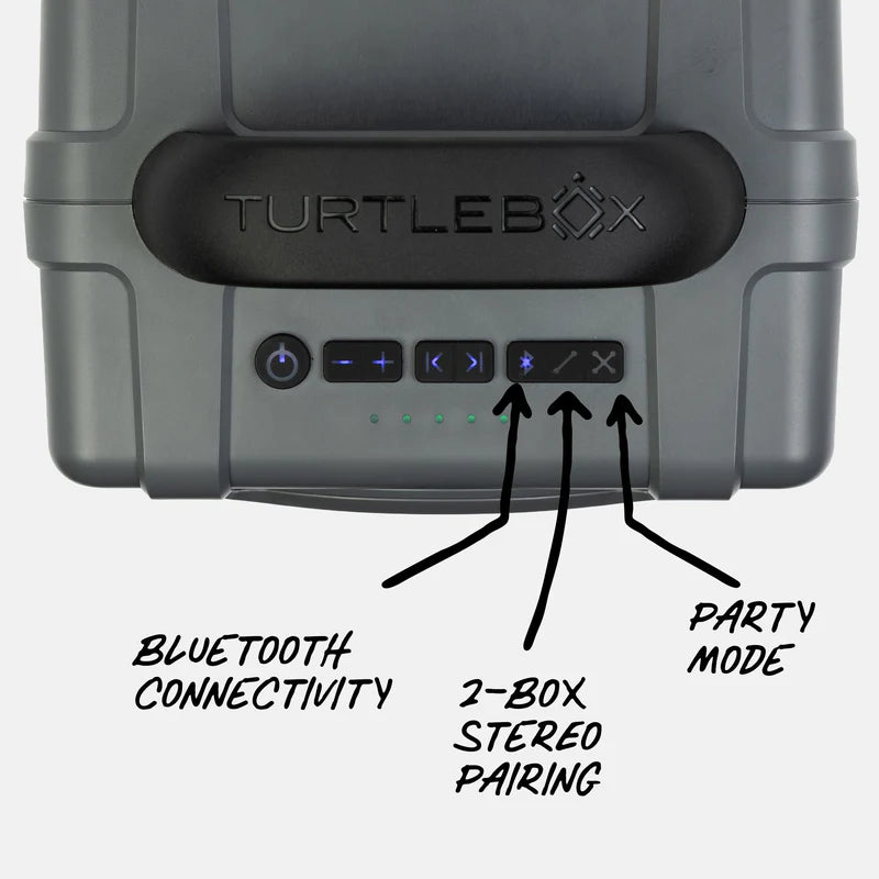 Turtle Box Cub gray speaker top control panel with blue backlit touch buttons for Bluetooth and Party Mode