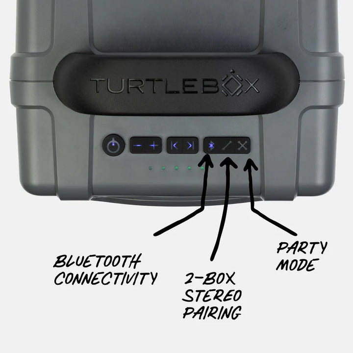 Turtle Box Cub gray speaker top control panel with blue backlit touch buttons for Bluetooth and Party Mode