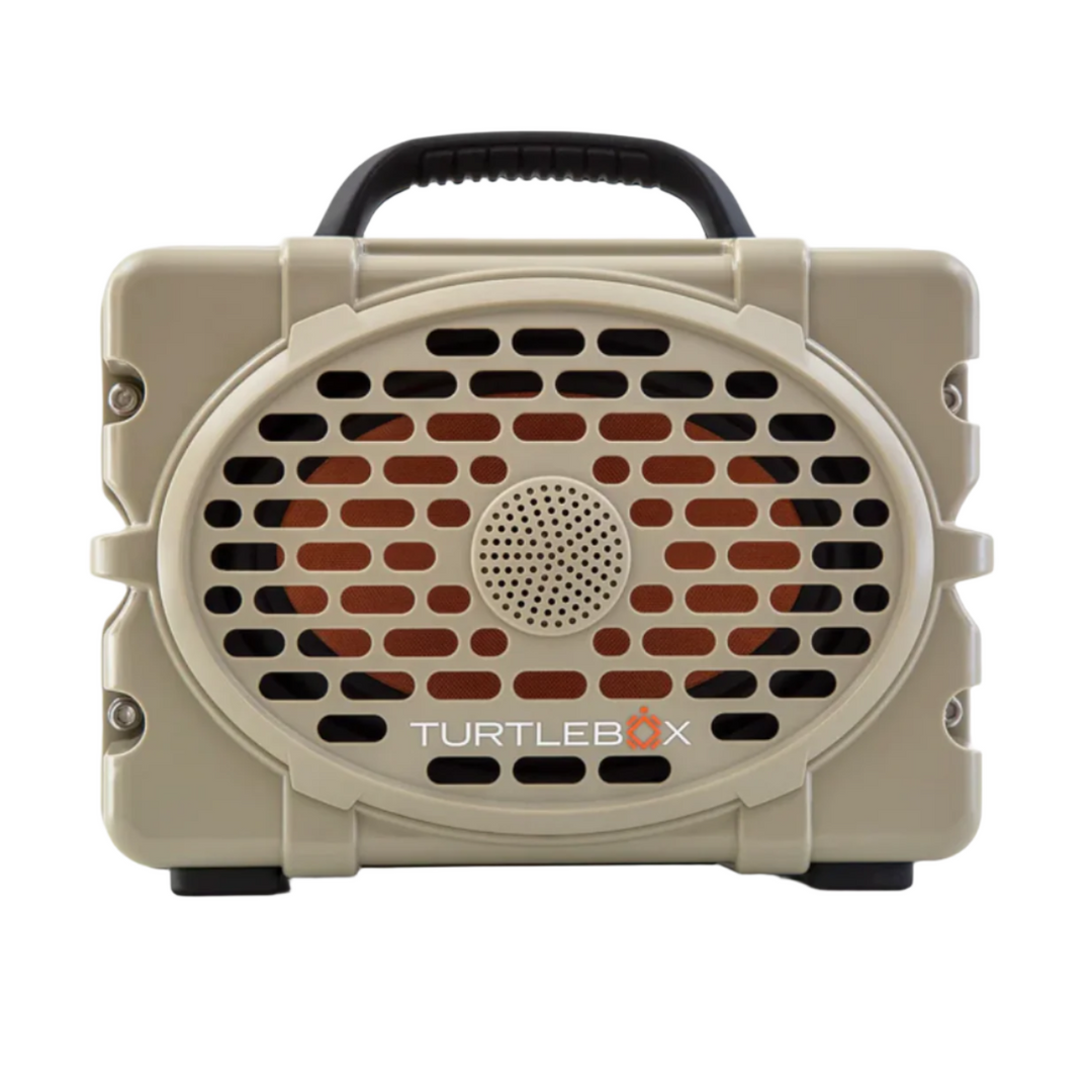 Turtle Box Gen 3 tan rugged Bluetooth speaker front grille and tweeter detail