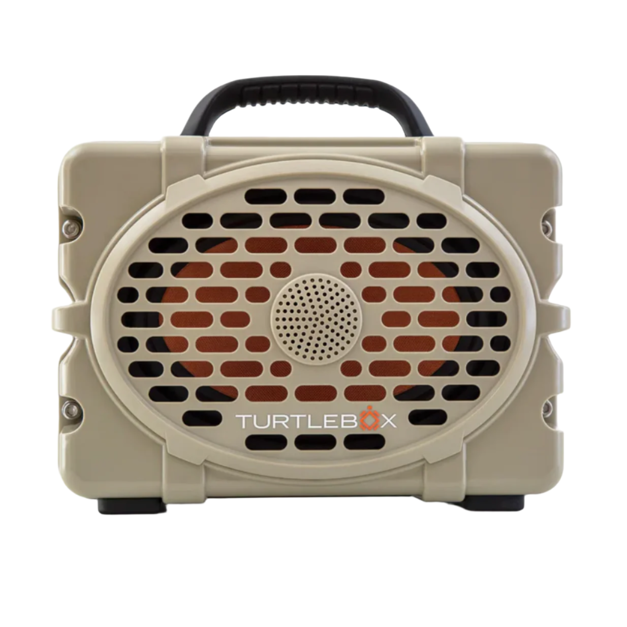 Turtle Box Gen 3 tan rugged Bluetooth speaker front grille and tweeter detail