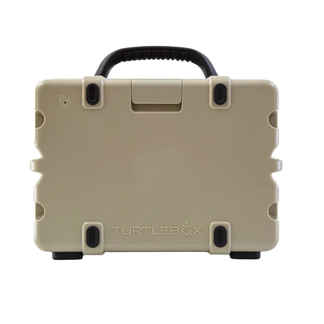 Turtle Box Gen 3 tan portable speaker back view with rubber corner protectors