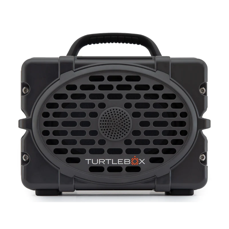Turtle Box Gen 3 Thunderhead Gray portable speaker with black handle and rugged IP-67 waterproof design