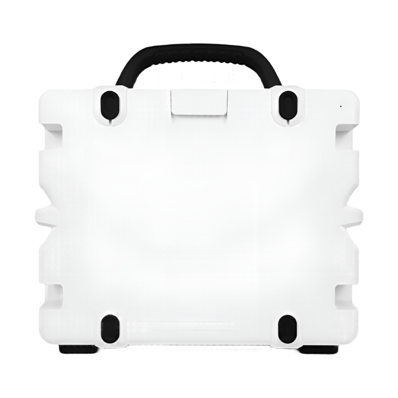 Rear view of white Turtle Box Grande rugged portable speaker with black handle and reinforced corners