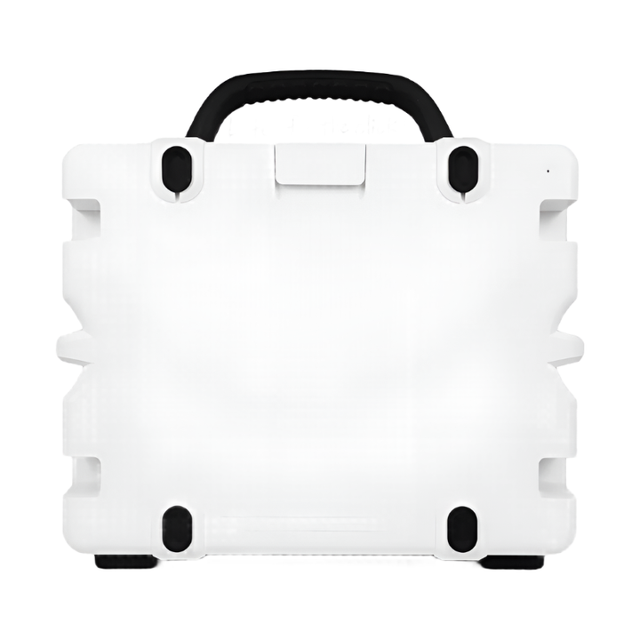 Rear view of white Turtle Box Grande rugged portable speaker with black handle and reinforced corners
