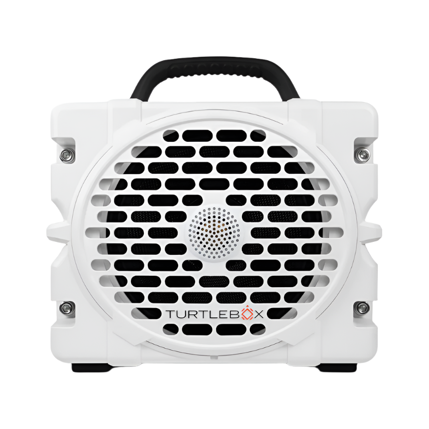 Front view of white Turtle Box Grande Bluetooth speaker showing grille, logo, and stainless steel tie-downs