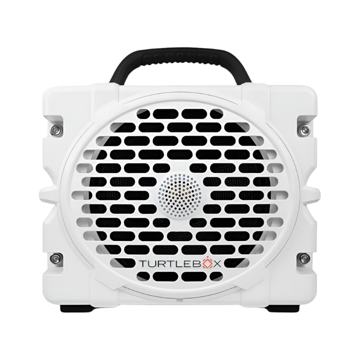 Front view of white Turtle Box Grande Bluetooth speaker showing grille, logo, and stainless steel tie-downs