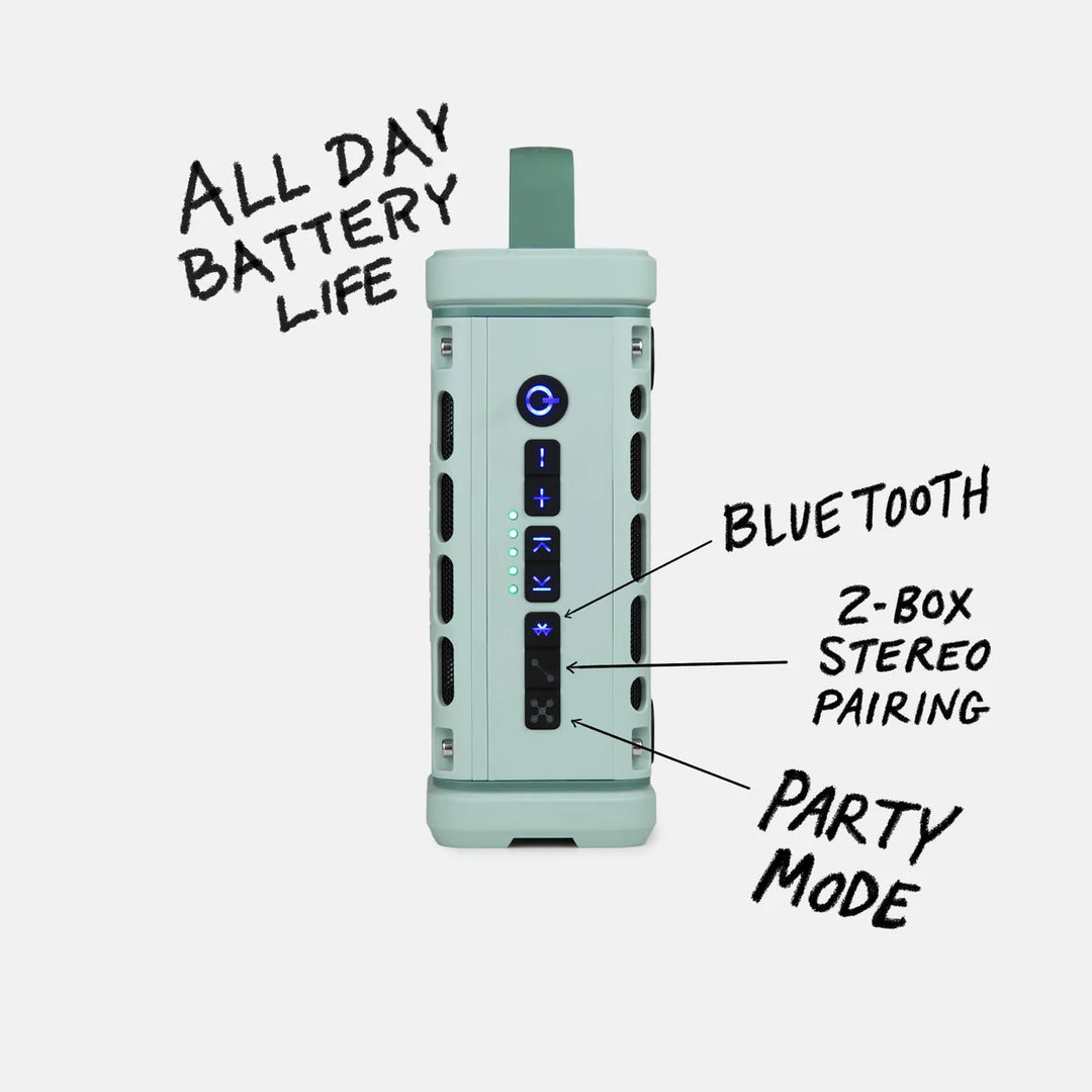 Side control panel of Turtle Box Ranger speaker with party mode and battery indicators