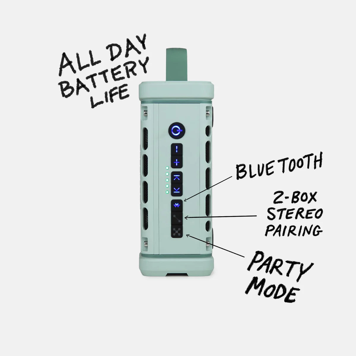 Side control panel of Turtle Box Ranger speaker with party mode and battery indicators