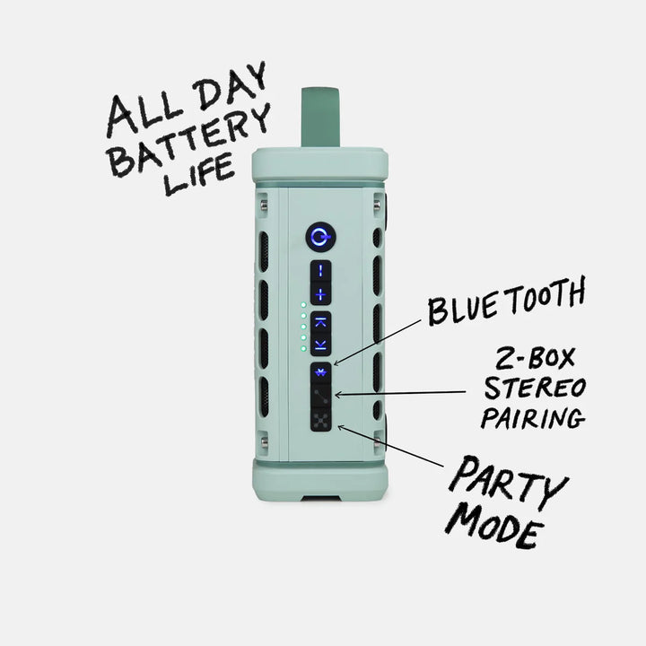 Side control panel of Turtle Box Ranger speaker with party mode and battery indicators