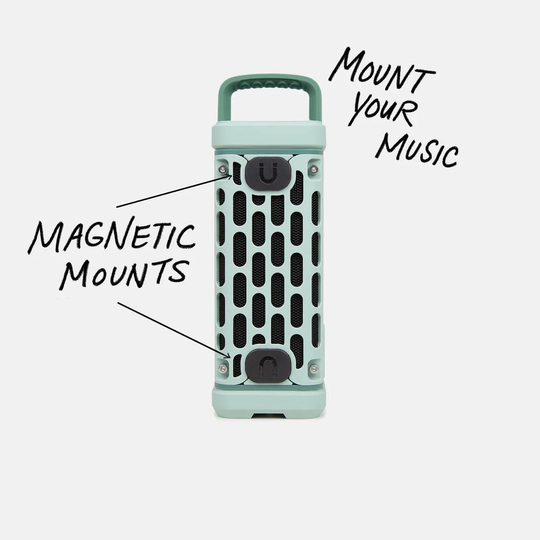 Turtle Box Ranger speaker front with magnetic mounts for attaching to metal surfaces