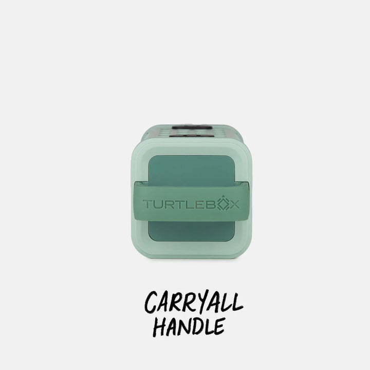 Top view of Turtle Box Ranger carrying handle strap embossed with brand logo