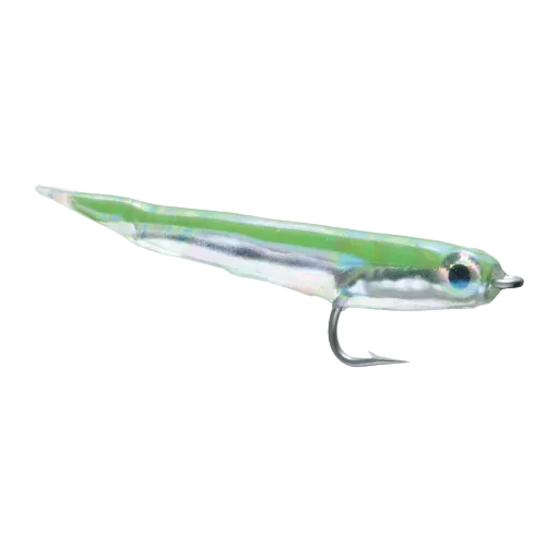Umpqua Gummy Minnow Chart #6 fly with translucent lime green and silver SiliSkin body